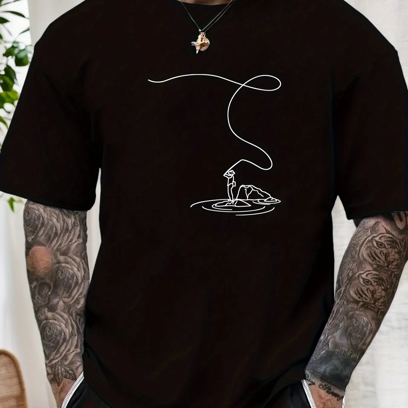 

Men's Casual Short Sleeve T-Shirt with Fishing Line Fish Graphic Design Summer Round Neck Tee Men Clothing Comfortable