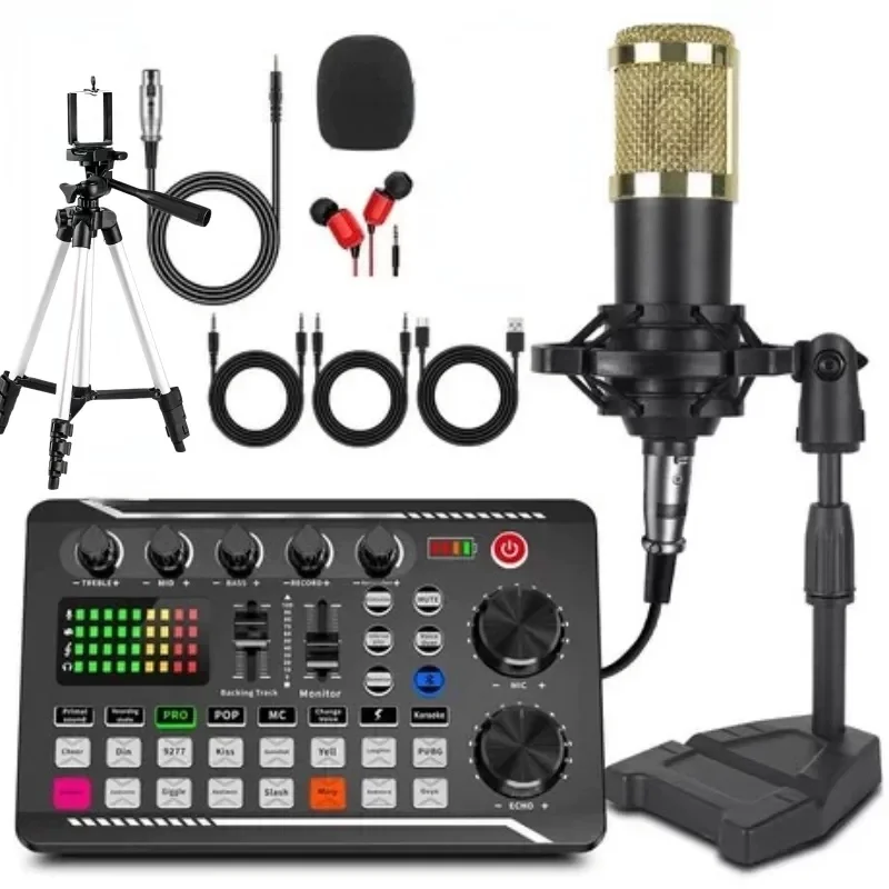 F998 Live Streaming Sound Card Kit Rechargeable Condenser Microphone With Stand Bluetooth Mixer For Streaming Recording