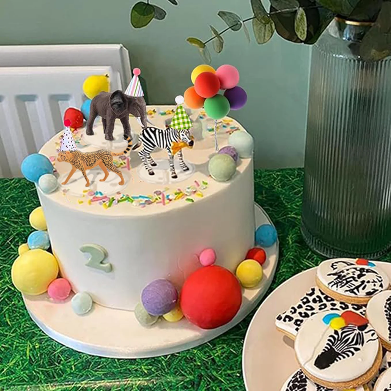 Safari Animal Cake Toppers with Mini Birthday Party Hat Color Balls Cake Decorations for Jungle Wild Themed Party Supplies