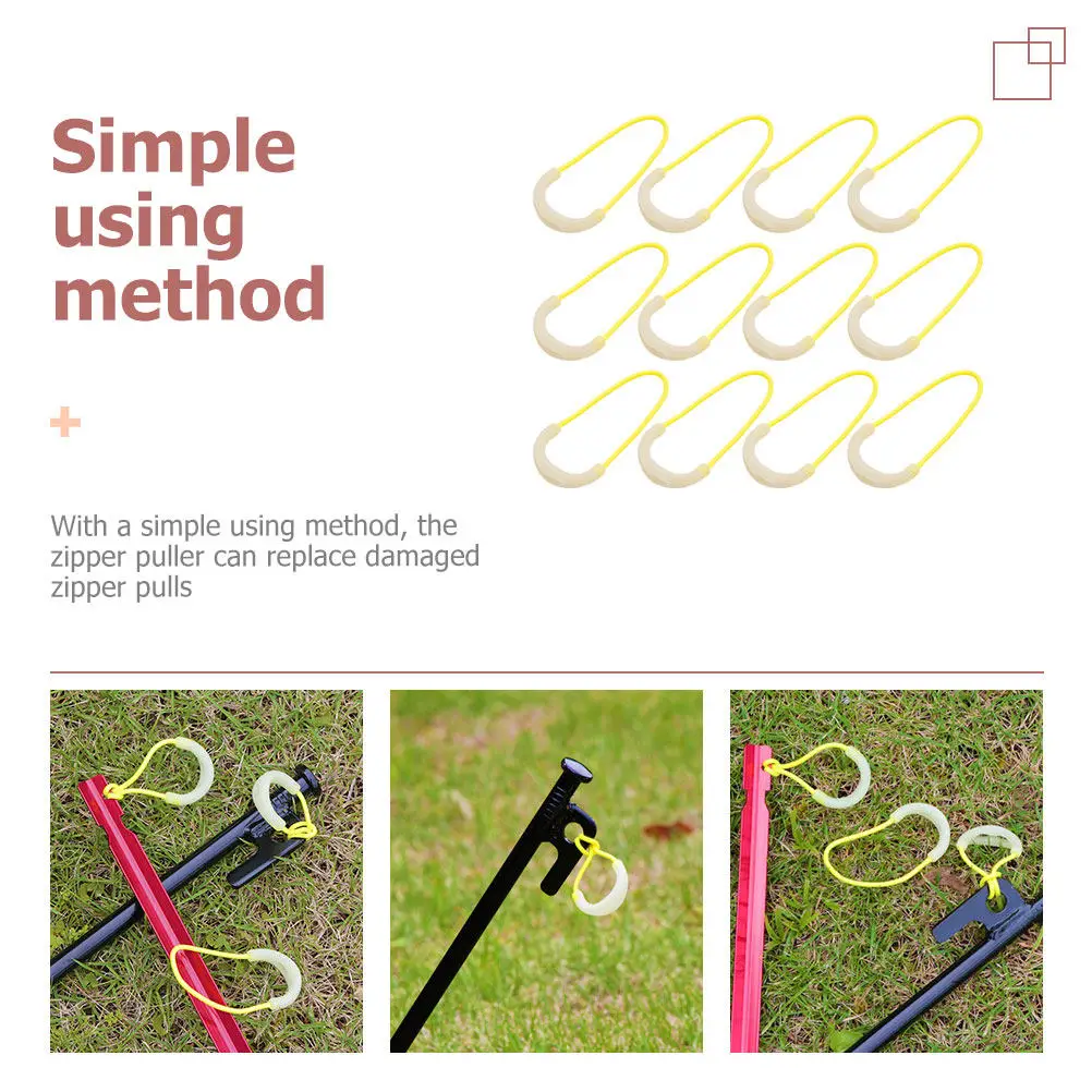 12Pcs Tent Stake Zipper Pullers Sturdy Outdoor Backpack Zipper Helper Camping Hiking Portable Glowing Replacement Pulls