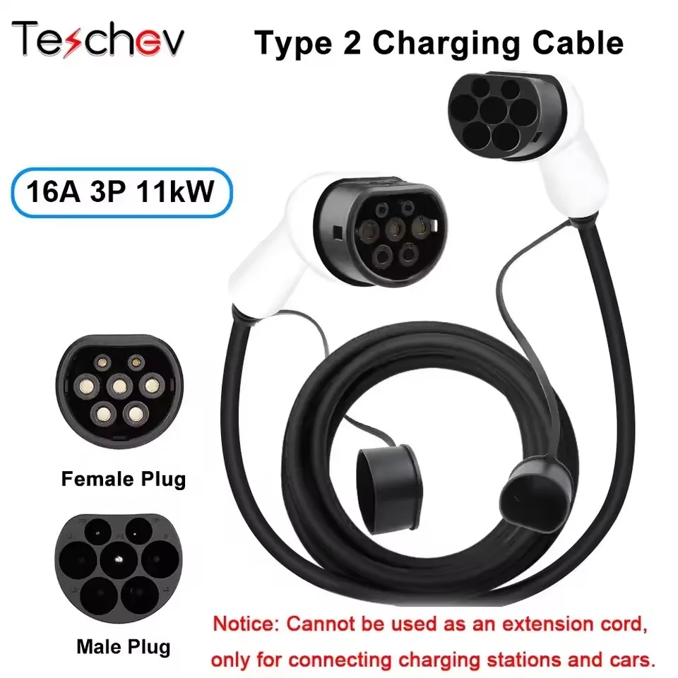 Teschev 16A/32A 11kW Type naar Type2 EV-oplaadkabel IEC 62196-2 oplader voor PHEV elektrische voertuigen in openbare stationen