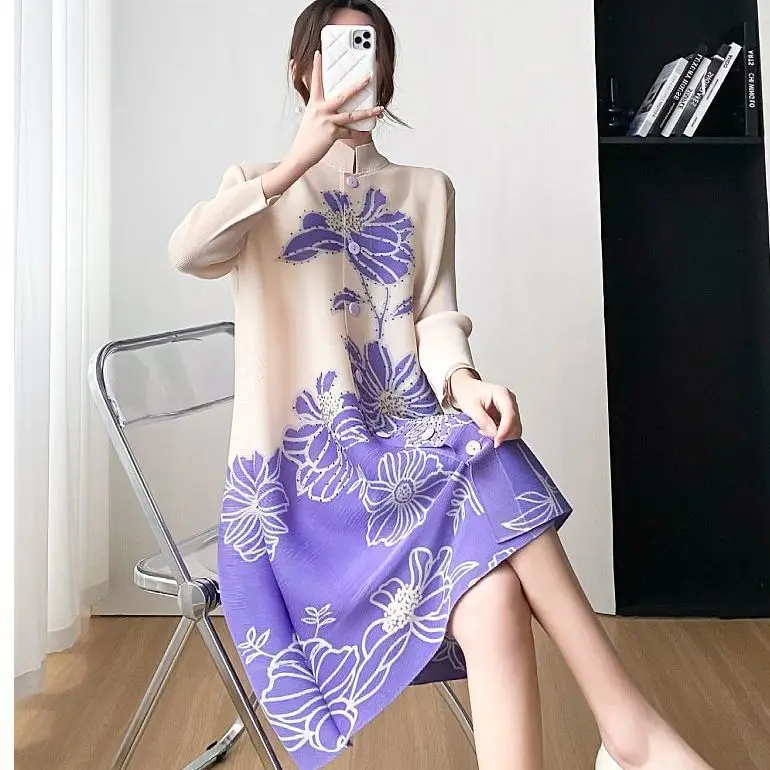 Miyake Style Pleated Print Mid-Length Dress Women 2023 Spring Stand Collar Single-Breasted Loose Plus Size Oversized Girls' Tops