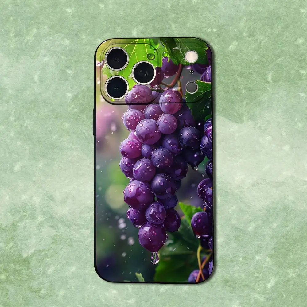حافظة هاتف على شكل عنب أرجواني فواكه لهاتف آيفون 14,13,17,12,11,16,15,Plus,Pro Max,XS,X,XR,SE,Mini,Soft غطاء أسود من السيليكون