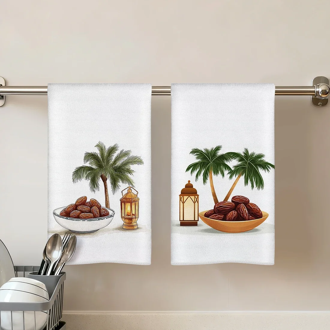 2 Pcs Date Palm Lantern Printed Kitchen Towel, Polyester Ter