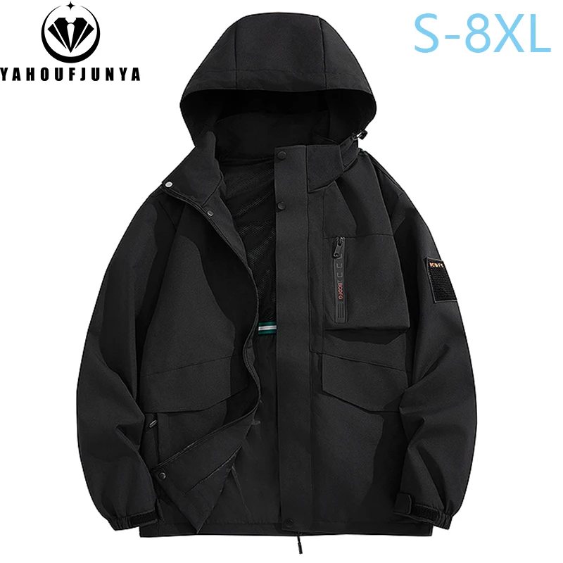 

Autumn Men Outdoor Casual Fashion Solid Hooded Jacket Men Many Pocket Windproof Waterproof Breathable Jacket Male Plus Size 8XL