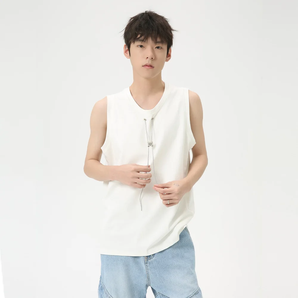 

Men's Wear 2024 Summer Korean Style Tank Tops Zipper Metal Decoration Sleeveless T-shirt Solid Color Round Neck Vest