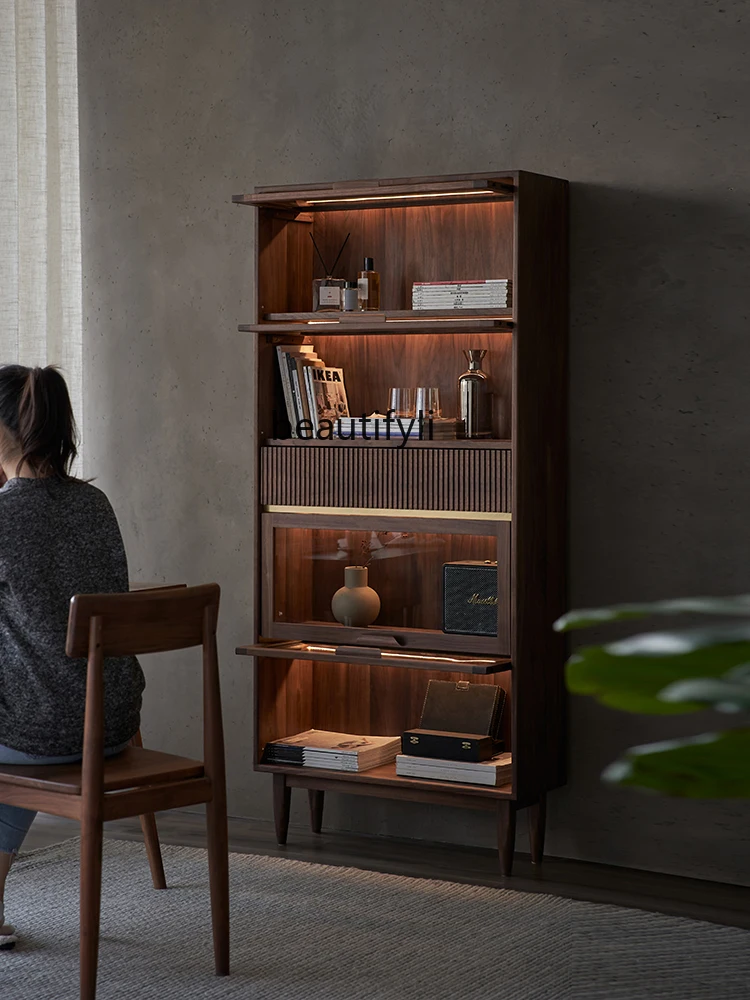 Solid Wood Bookcase Black Walnut Storage Cabinet Dustproof Glass Wine Cabinet Flip-Door Bookshelf Display Cabinet Locker