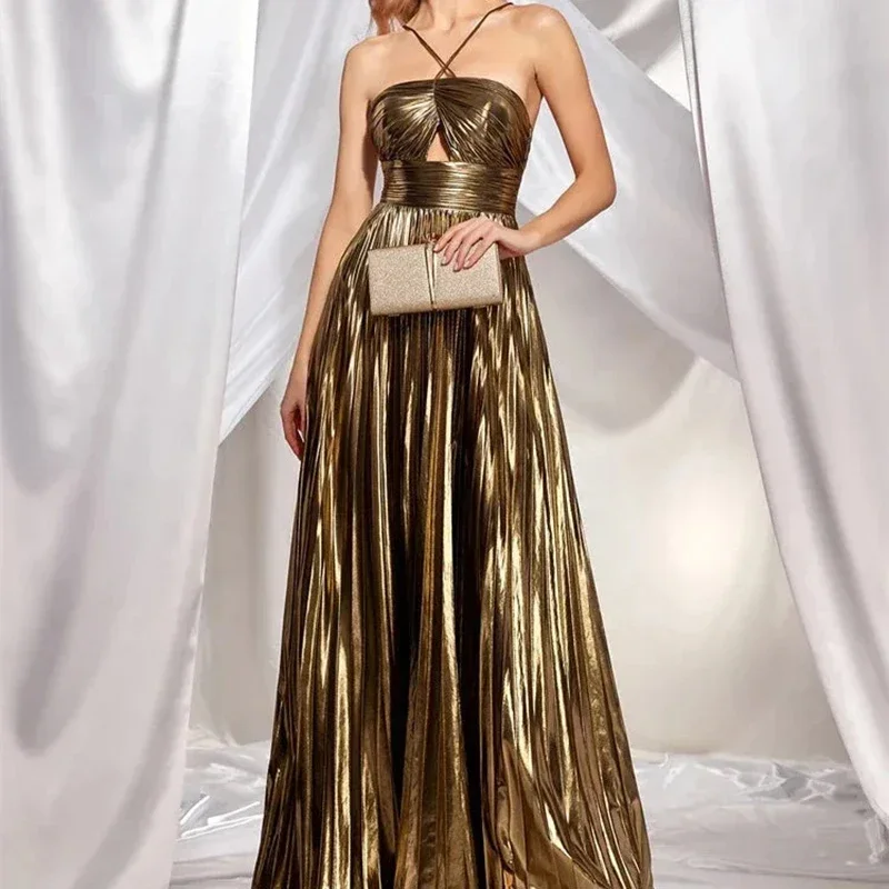 Sexy Hollow Out Backless Pleated Party Evening Dresses Women Elegant Hanging Neck Sleeveless Waist Vent Maxi Dress New Vacation