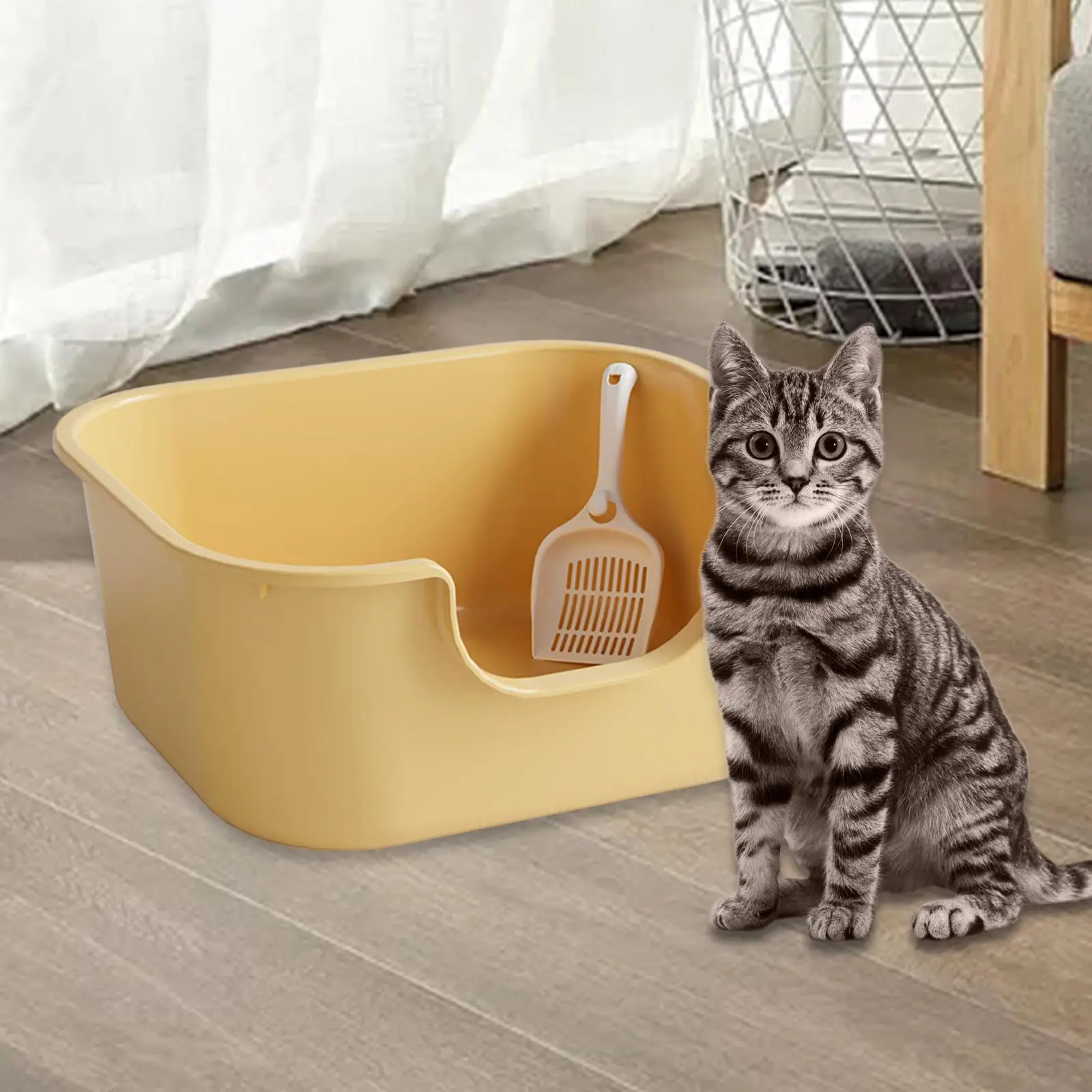 Cat Litter Basin Cat Litter Box with High Side Bedpan Open Top Pet Litter Tray U Shape Lowered Front for Small and Large Cats