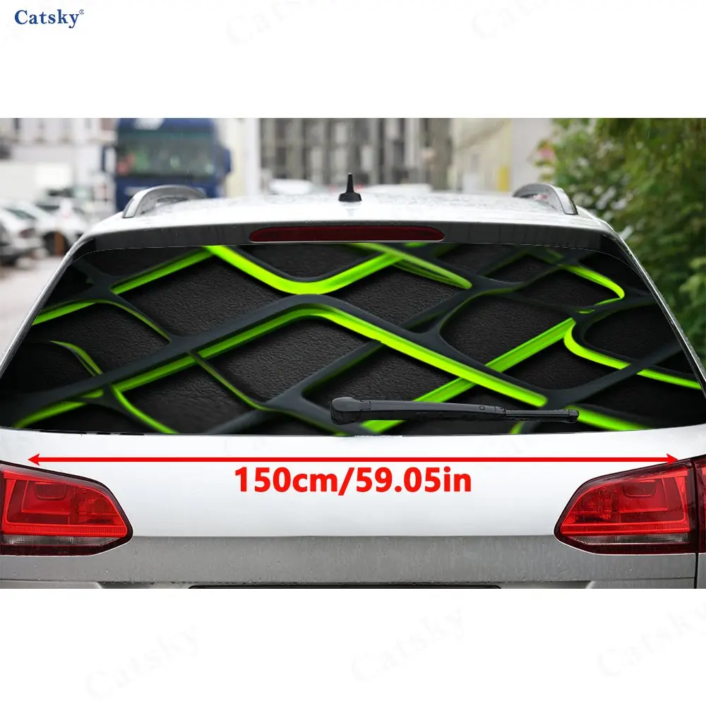 Bold Black & Neon Green Stripe PVC Perforated Car Rear Window Vinyl Wraps, Durable Waterproof Car Rear Windshield Sticker
