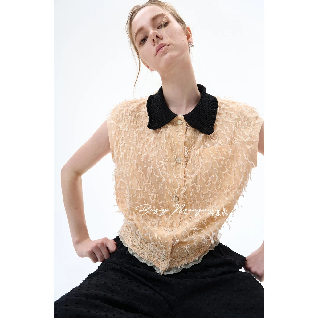 

Summer Sleeveless Flip-Collar Tassel Color Block Commute Style Versatile Slimming Small Shirt Women's Fashion Casual Blouse