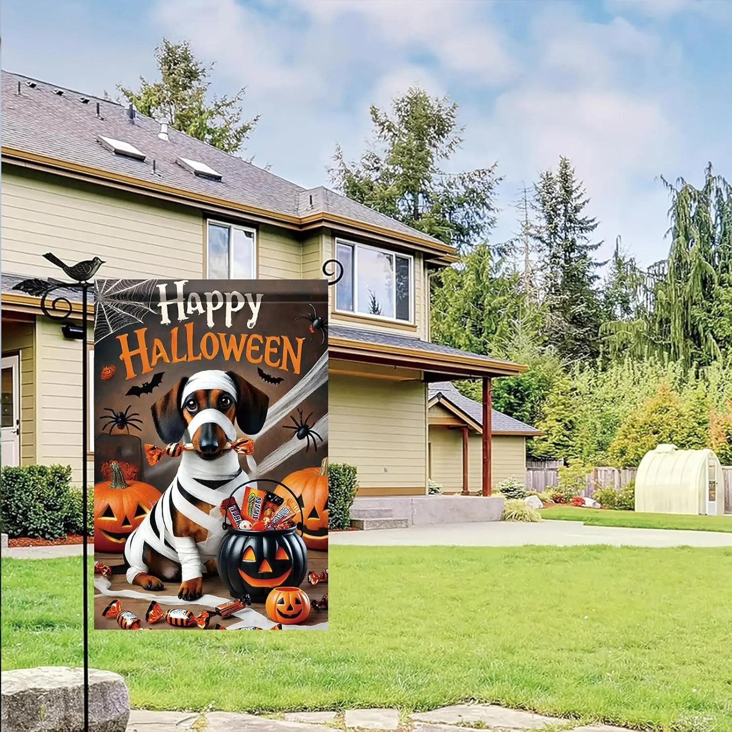 هالوين حديقة العلم المومياء الكلب الألماني اليقطين الحلوى 12x18 بوصة مزدوجة الوجهين في الهواء الطلق ساحة راية لخدعة أو علاج هانت FFI #6