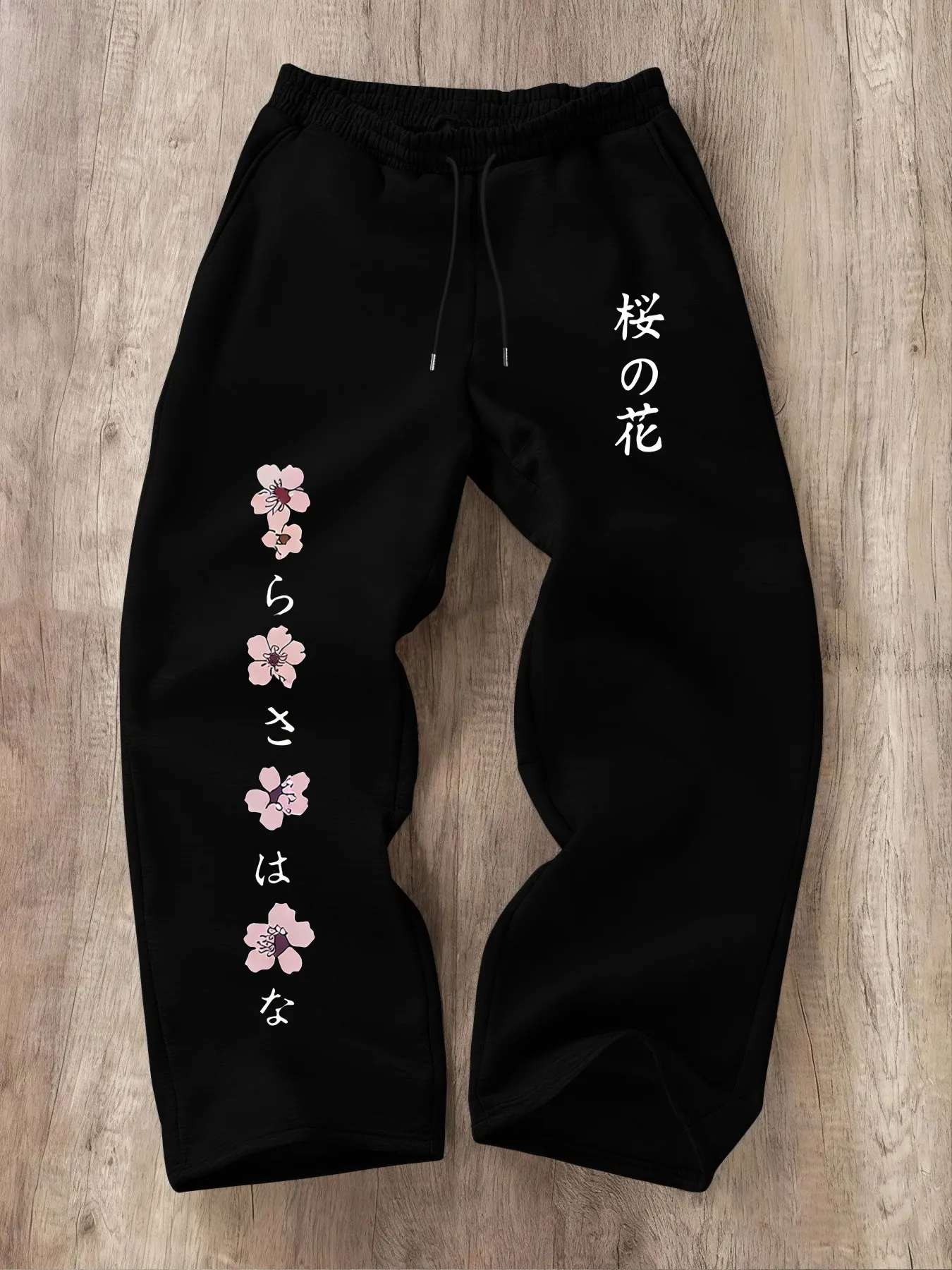 Men Japanese Sakura Text Print Straight Pants Casual Drawstring Joggers Hip Hop Streetwear Baggy Trousers Daily Wear S-3XL