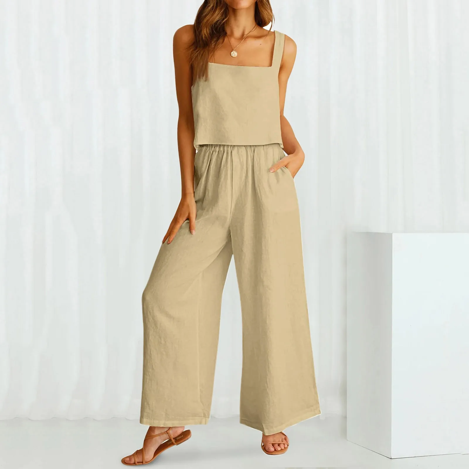 

Women Casual Pant Suits Sleeveless Strappy Square Neck Crop Top Cotton Linen Breathable Loose Fit Elastic Waist Wide Leg Pants