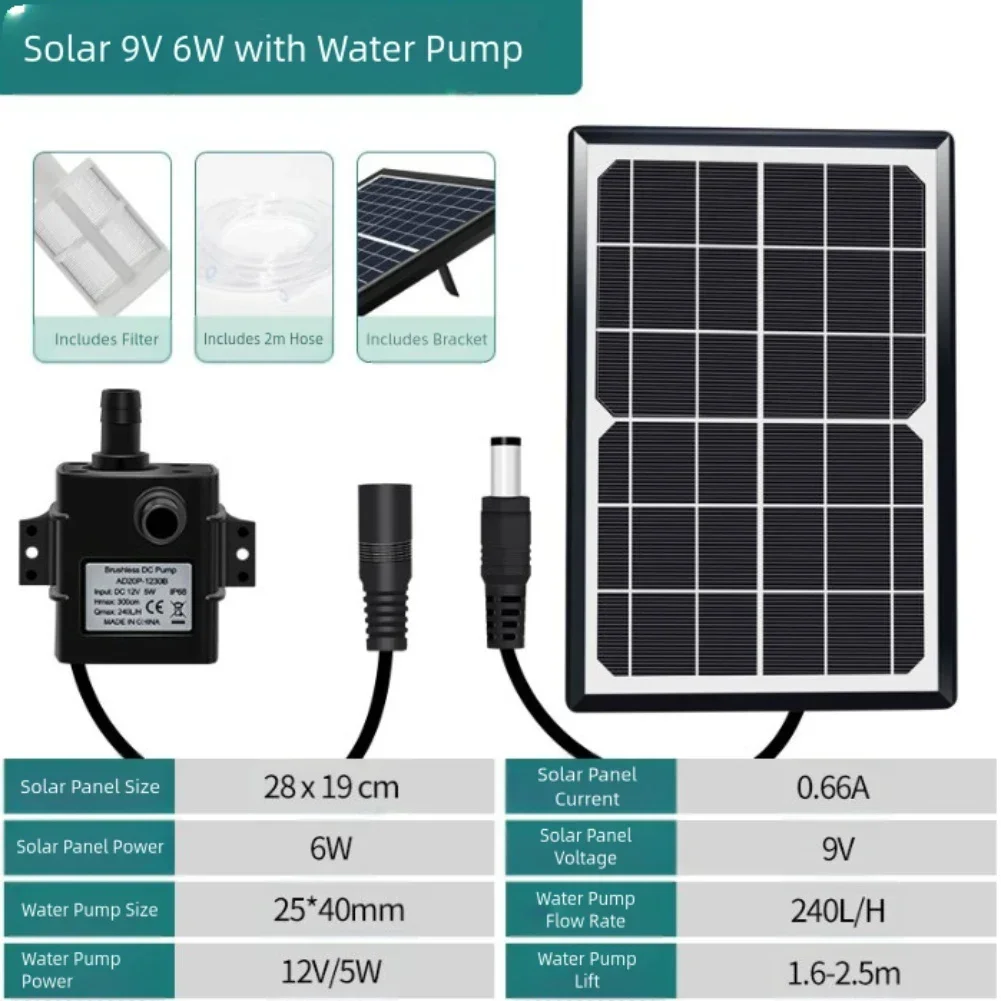 Solar Water Pumping System 9V 6W/10W Panel 5V DC Pump 240L/H With 2M Tubing 1 Set Of Solar Powered Oxygen Pump Kit