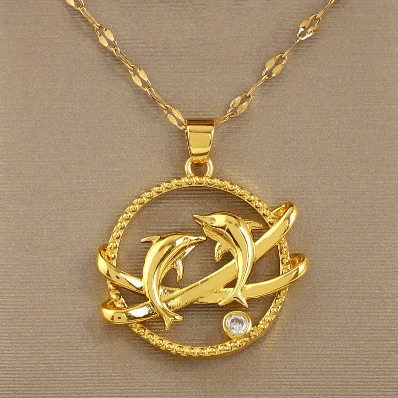 Exquisito y moderno collar con colgante de animal ondulado de delfín redondo, regalo de cumpleaños, regalo de Navidad para familiares y amigos