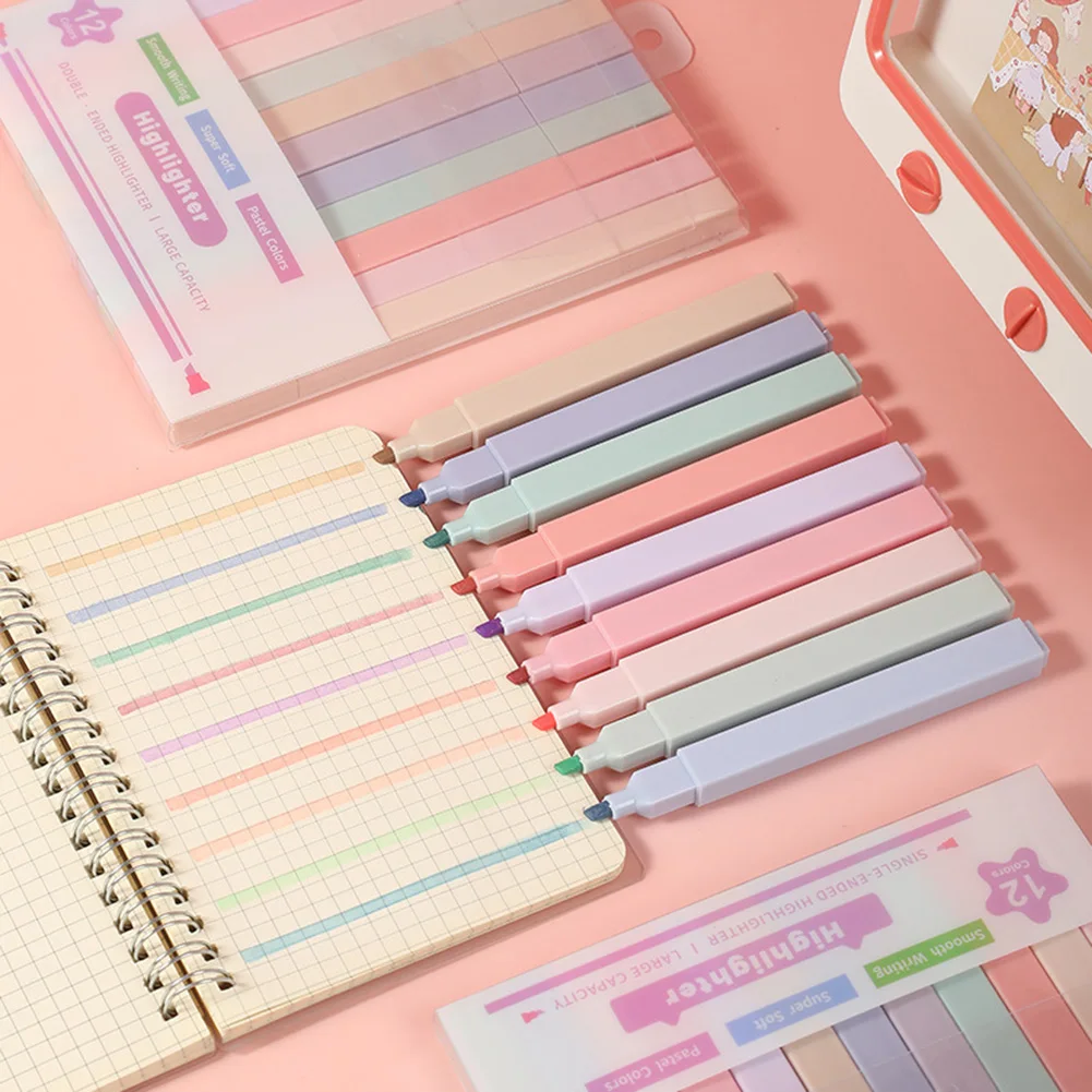 12pcs/Set Morandi Highlighter Pen Portable Light Color Macaron Marker Quick Drying Special Eye Protection Pen For Taking Notes