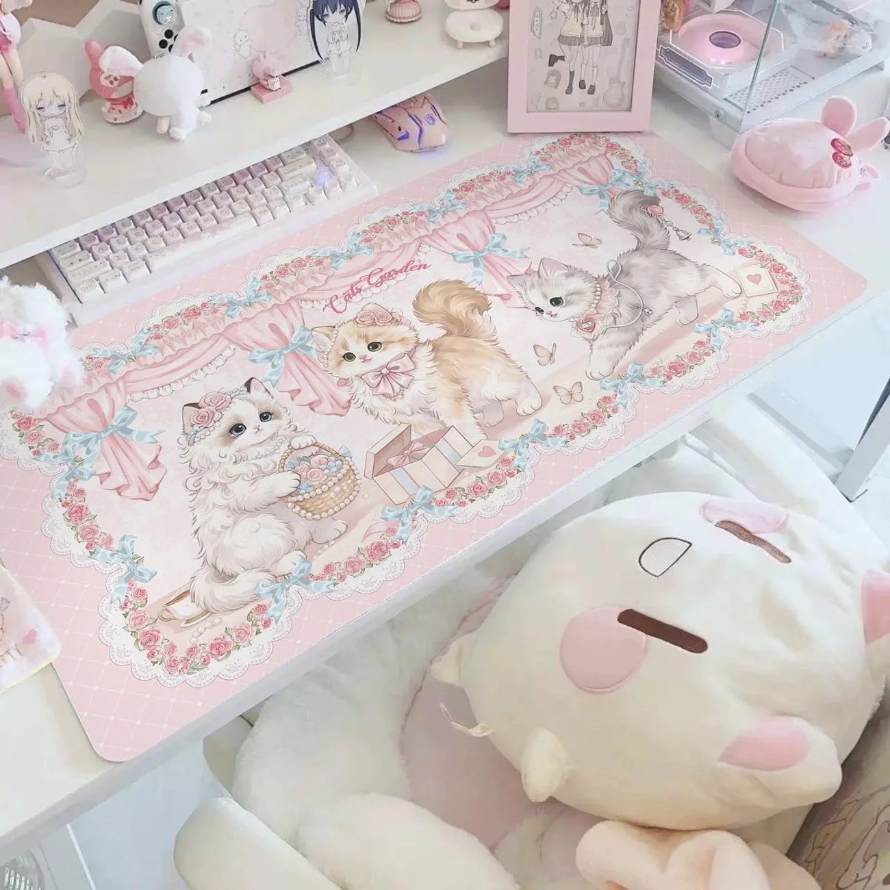 Cute Pink Cat PU Leather Desk Mat Sweet Rose Bow Print Large Mouse Pad Waterproof Non-Slip Table Protector for Girl Gaming Decor