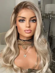 Ash Platinum Blonde Dark Roots Synthetic Lace Front Wig With Preplucked Realistic Hairline Wig Natural Looking Cosplay For Women