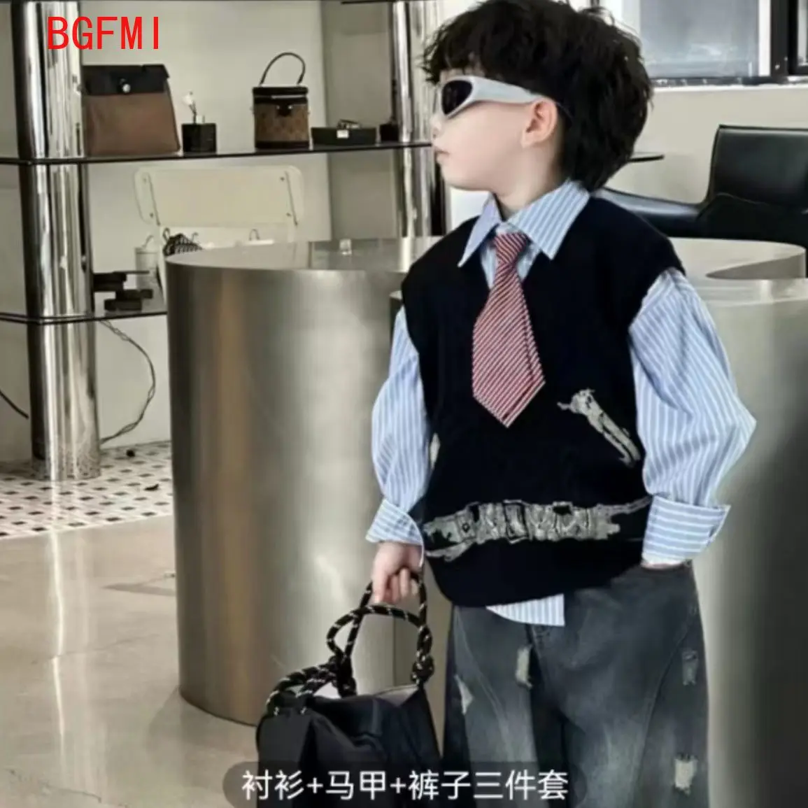 Children's 2026 Spring Autumn Set Korean Infant Boys Preppy Shirt + Vest + Loose Retro Pants+ Tie 4Pcs Set 1-10Y Kids Clothes