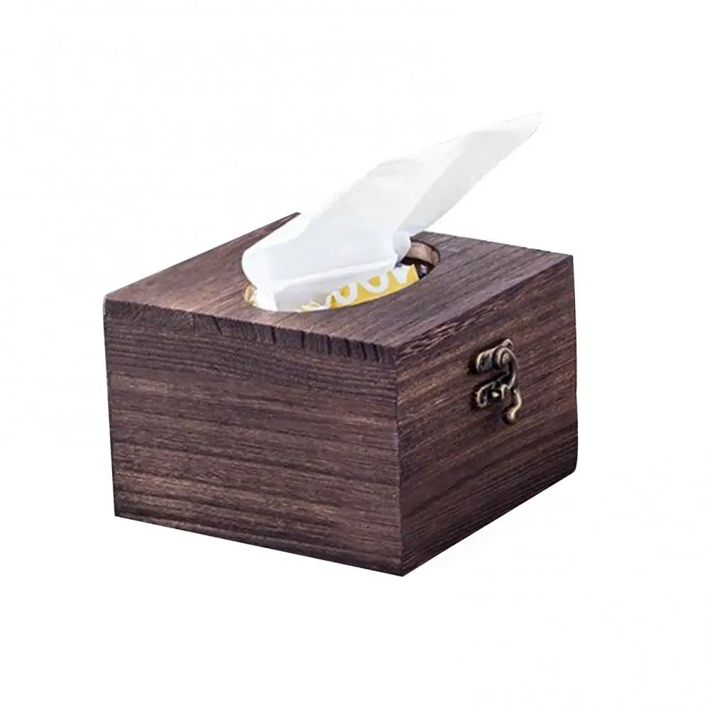 Solid Wooden Tissue Box Vintage Metal Lock Paper Napkin Holder Dispenser Case Bathroom Office Desk Living Room Home Decoration