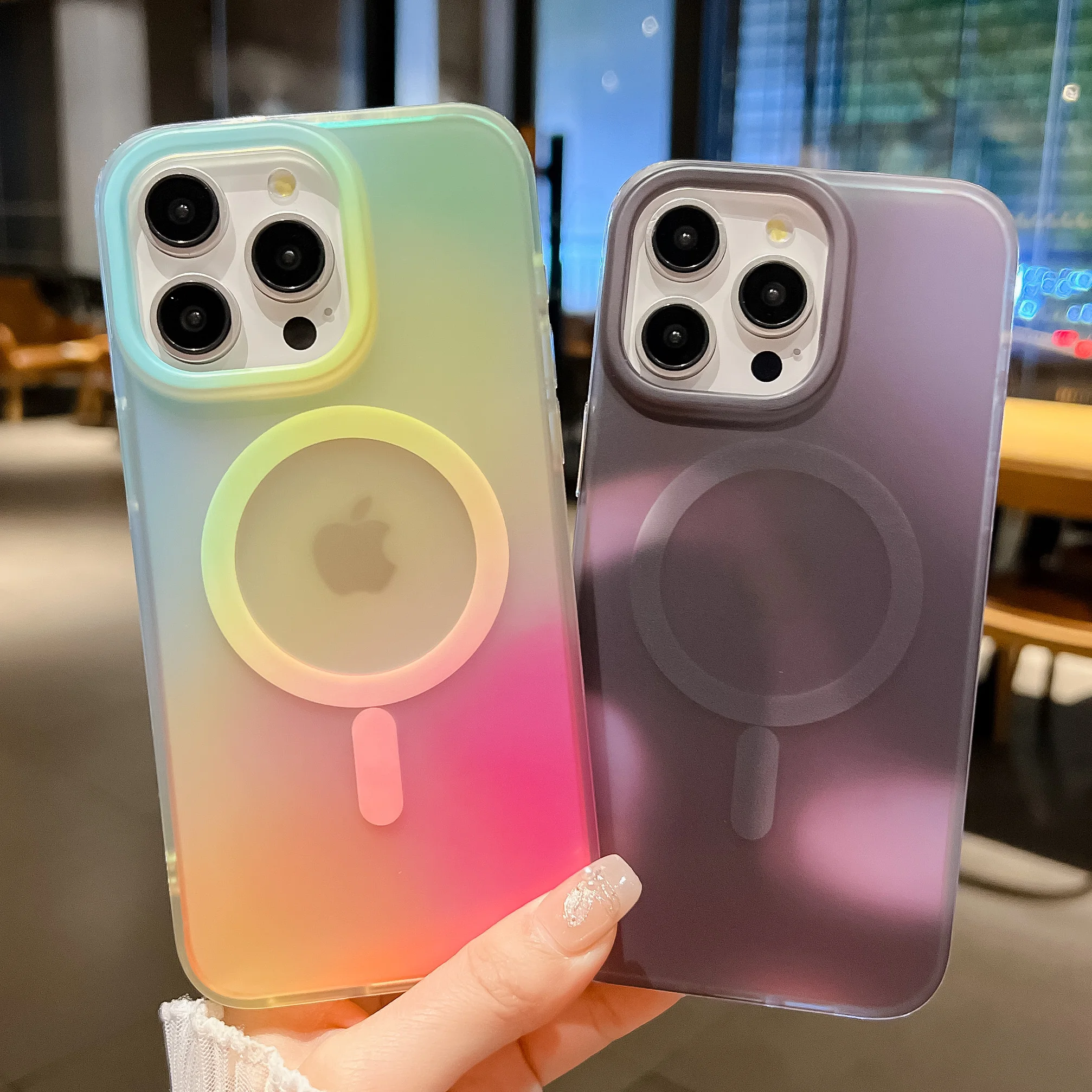 Rainbow Gradient Laser Magnetic Matte Phone Case For iPhone 16 15 Plus 14 Pro Max 13 For Magsafe Wireless Charge Coloful Cover