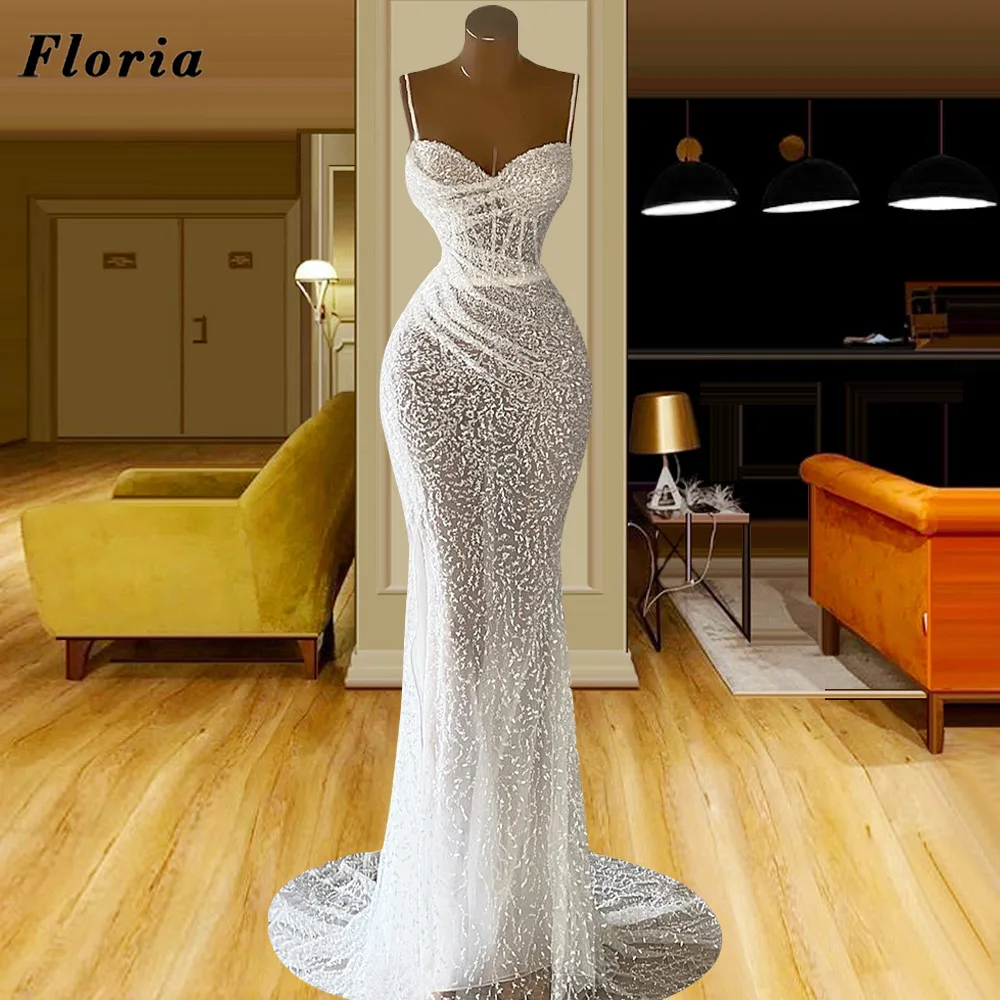 Floria Luxury White Lace Evening Dresses Dubai Design Spaghetti Straps Long Weddings Engagement Dress Arabic Prom Party Gowns