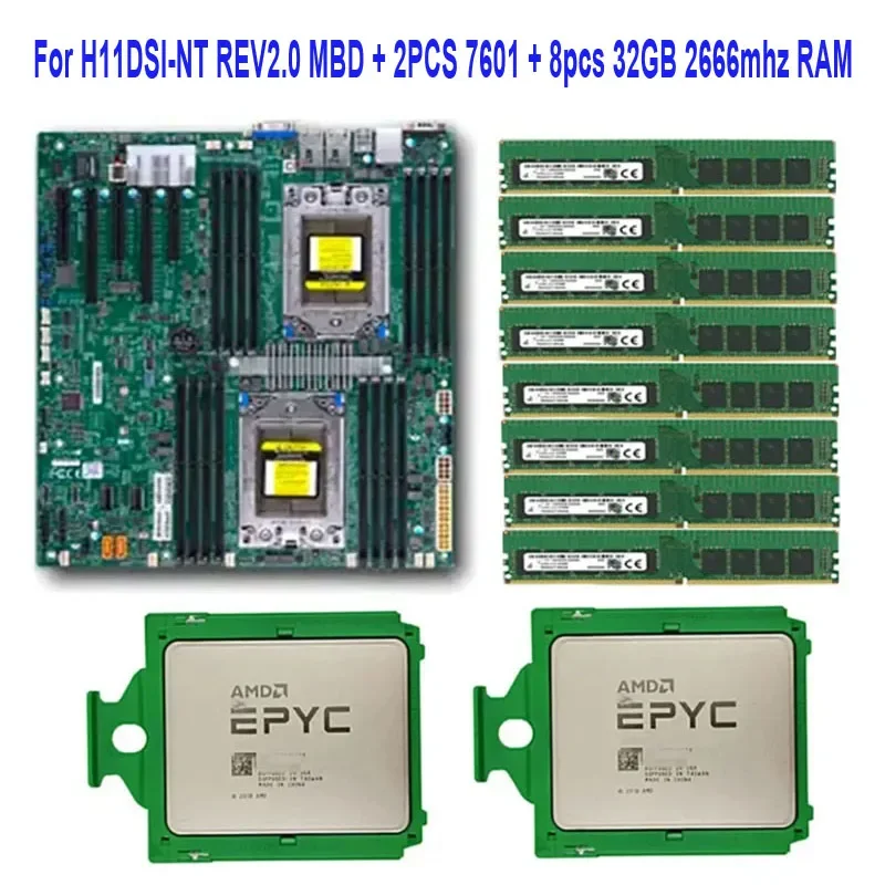 For Supermicro H11DSi-NT REV2.0 Motherboard Socket SP3 +2* EPYC 7601 32c/64t 180w CPU Processor +8* 32GB DDR4 2666mhz RAM Memory