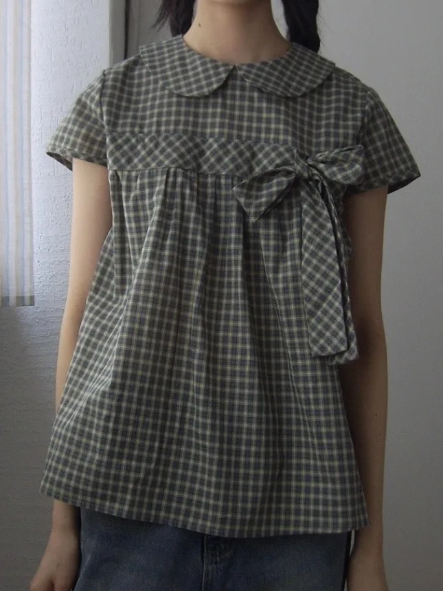 

Chic Summer Japanese Early Sle Age-Defng Doll Collar Plaid Knot Loose ort Sve irt Women's Top