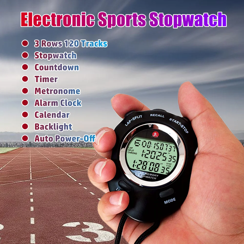 3 Rows 120 Tracks Electronic Stopwatch Digital Sports Countdown Timber Metronome Alarm Clock Calendar Stopwatch with Backlight