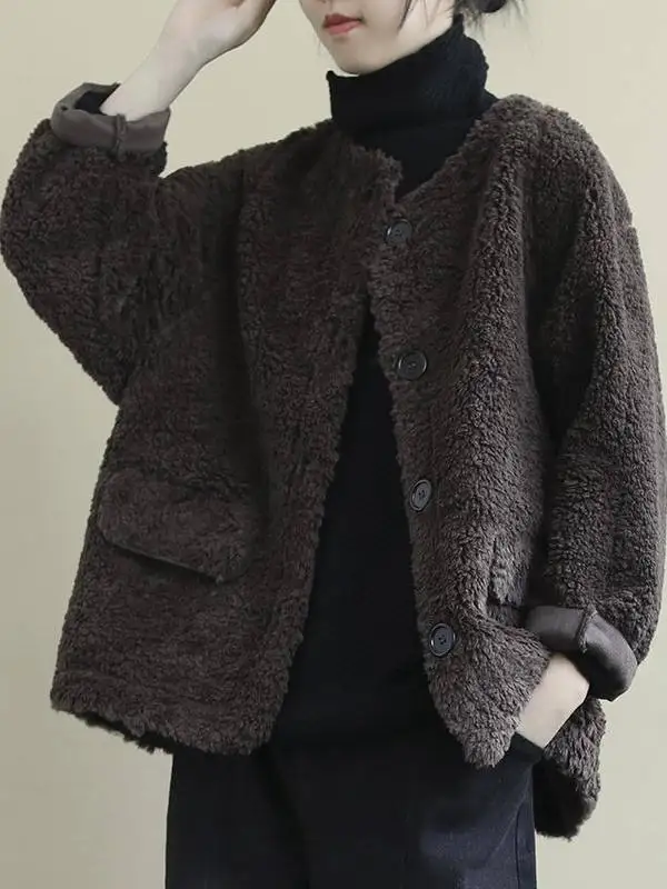 

Женская зимняя утепленная куртка из овечьей шерсти, новинка 2026 года, весна-осень, высококачественная, универсальная, свободного кроя, теплая, с длинными рукавами, в стиле оверсайз.