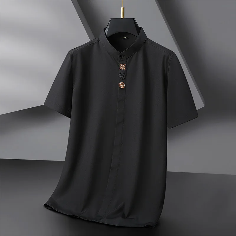 Camisa bordada solta de manga curta masculina, elegante vestido de casamento, camisa casual empresarial, tamanho grande, verão