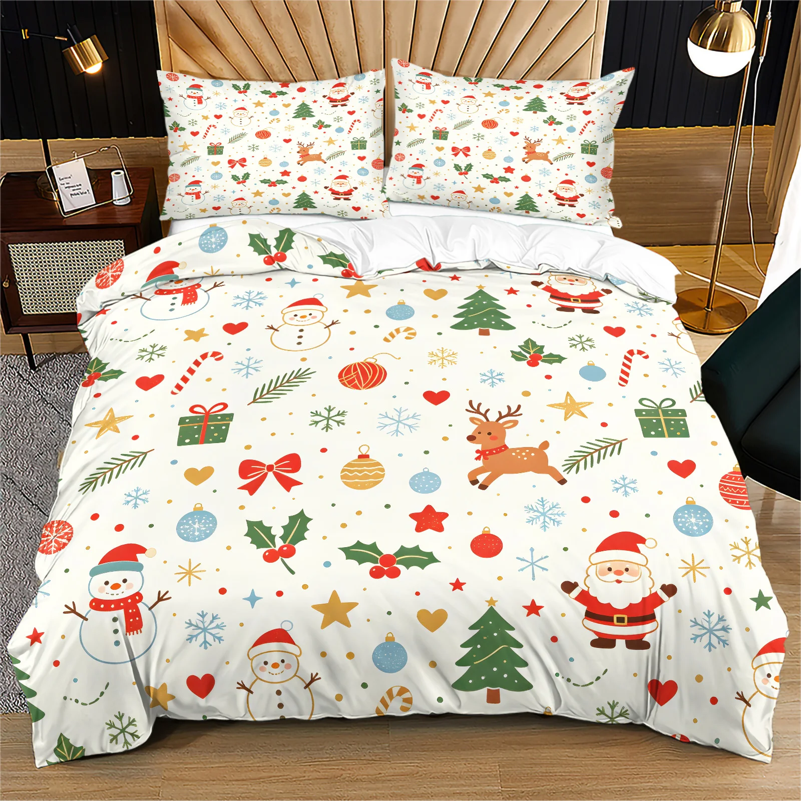 White Christmas Duvet Cover Set Santa Snowman Reindeer Xmas Tree Gift Print Bedding Set Quilt Cover for Home Xmas Decoration