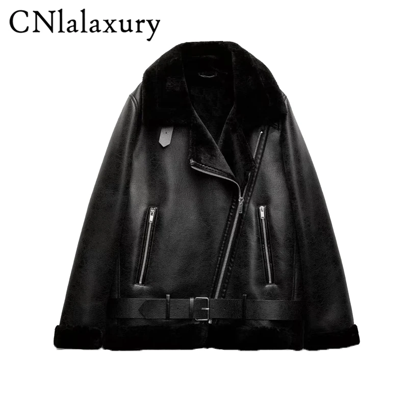 CNlalaxury Women Thick Warm Faux Fur Leather Jacket Winter New Lapel Long Sleeve Belted Zip Motorcycle Coat Female Outerwear