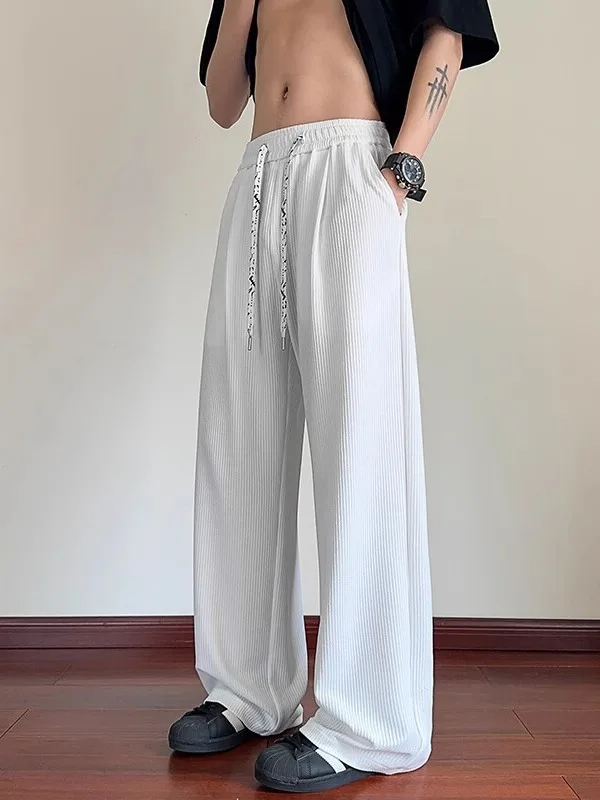 Men's Ice Silk Wide Leg Trousers Lightweight Wrinkle Resistant Draped Straight Leg Pants Loose Fit Casual Summer Fashion Pants