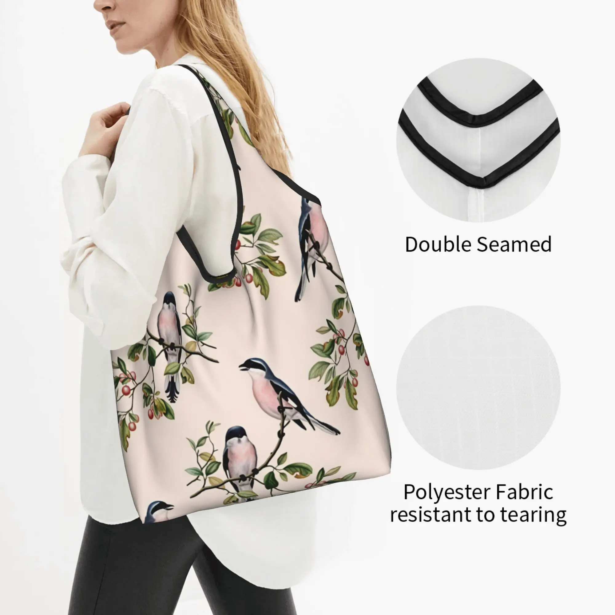Fashion Victorian Shrike Birds on Branches at Sunrised Shopping Tote Bag Portable  Groceries Shopper Shoulder Bag
