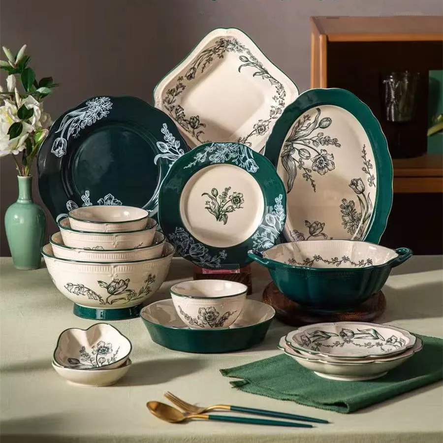 Two color combination Ceramic Tableware set  Aesthetics Dish Plate Dinner Plate Rice Bowl Fish plate 1Set