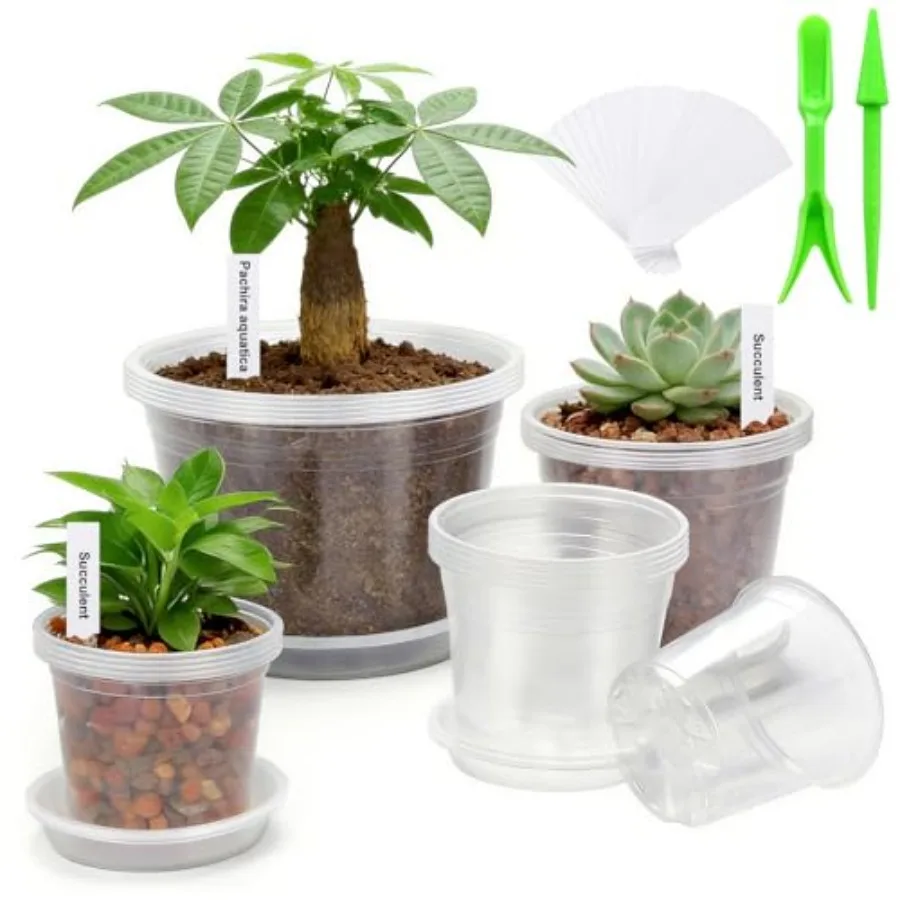 

5/6/7/10 Inch Clear Nursery Pots with Drainage Holes and Saucers, PCS Plastic Plant Pots with Labels, Seedling Tool and Hole Pu
