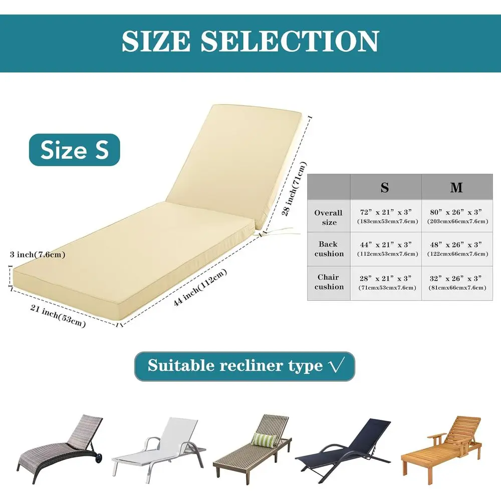 زوج من وسائد صالة تشيس خارجية مقاومة للطقس، بيج، 72x21x3 للفناء وحمام السباحة والمنتجع