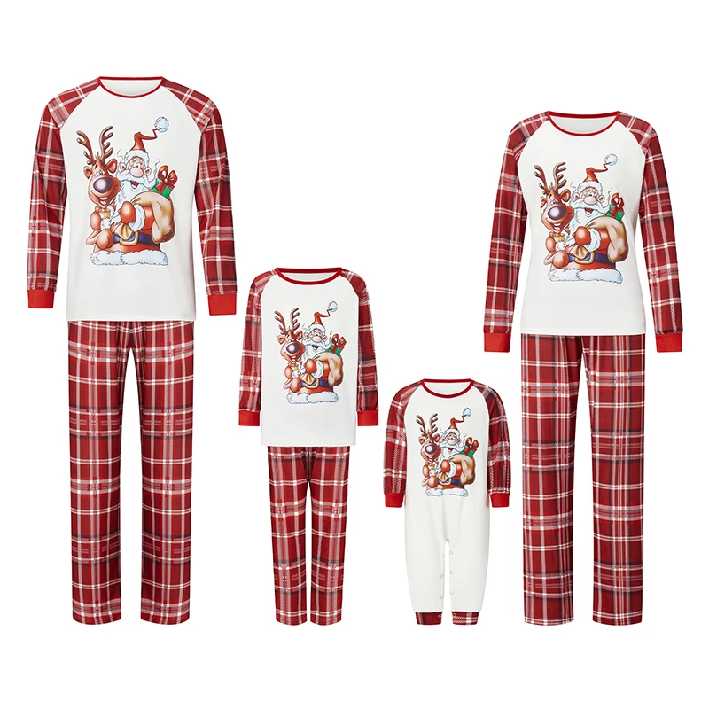 Christmas Family Matching Pajamas Reindeer Santa Claus Printed Tops Plaid Pants Sleepwear Sets for the Holidays