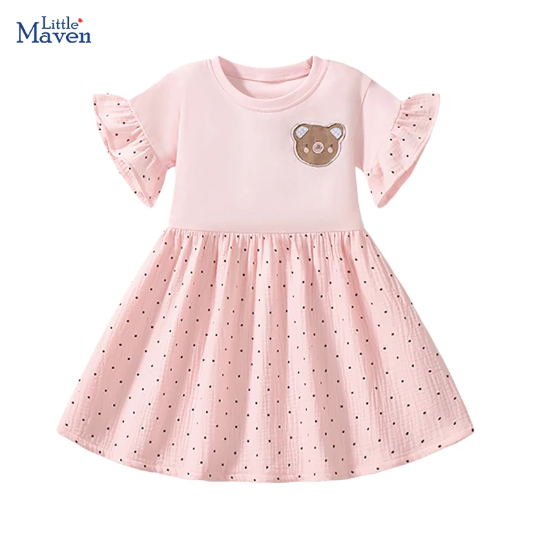 Little maven 2026 New Summer Children 's Clothing for Kids Baby Girls Cotton Children Casual Clothes Cartoon Bear Dresses