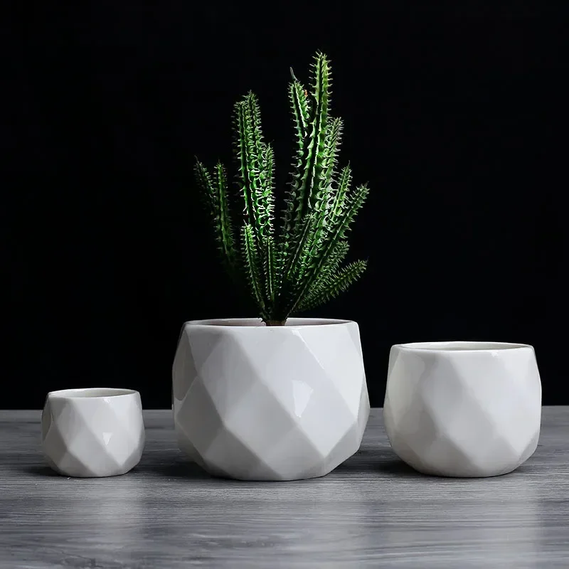 Creative Ceramic Diamond Geometric Flowerpot Simple Succulent Plant Container Green Planters Small Bonsai Pots Home Decoration