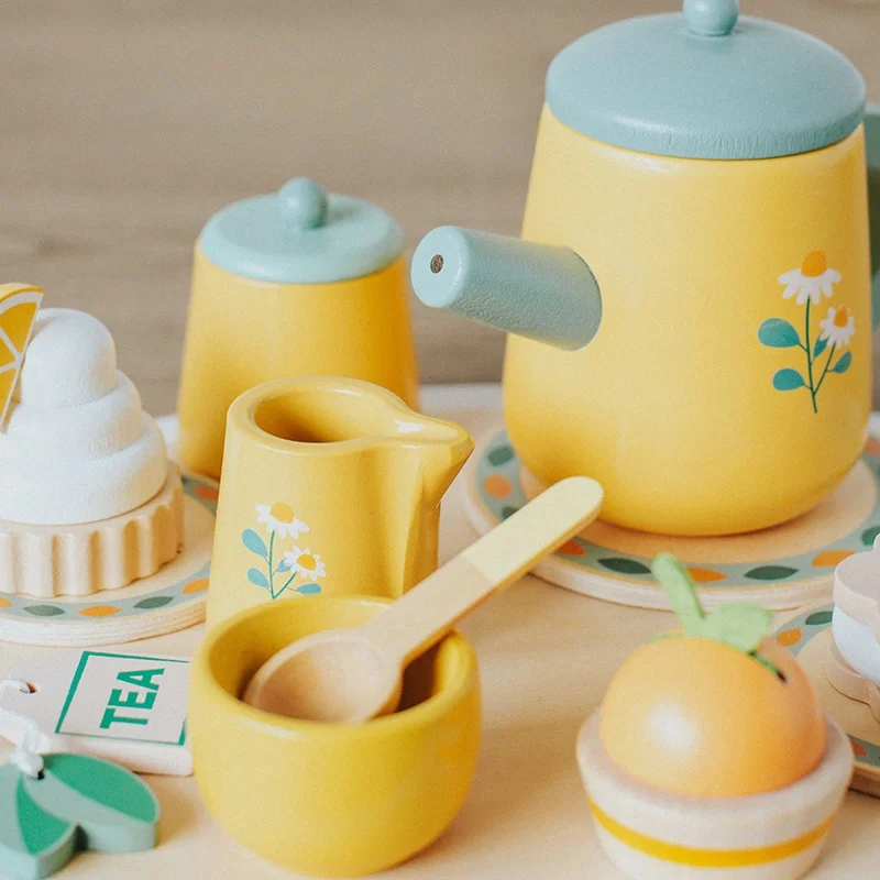 Casa de juegos de simulación para niños, juego de té real amarillo, juego de madera, juguetes Montessori