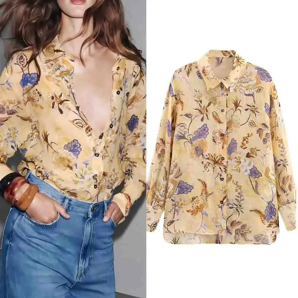 

Women's Summer New Fashion Loose Linen Blended Printed Shirt Retro Long Sleeve Button-up Women's Shirt Unique Top