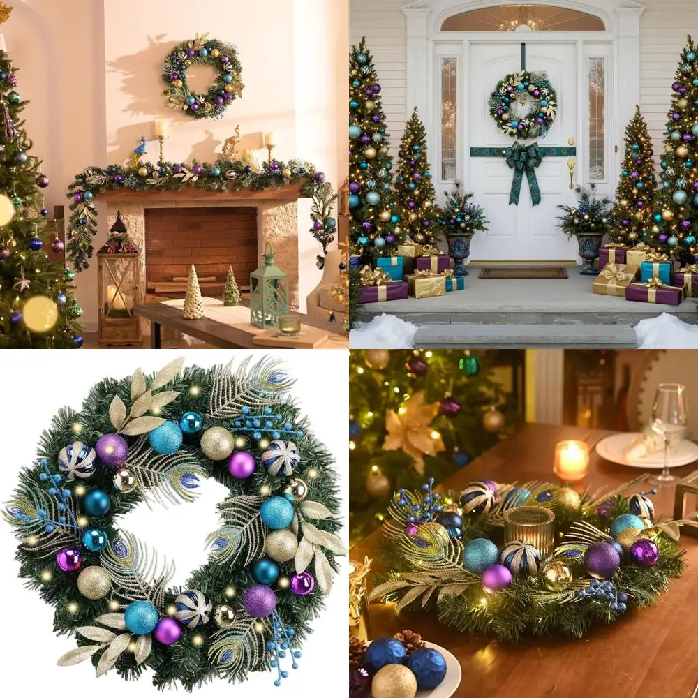 

Illuminated 24 Christmas Wreath with Peacock Feathers and Balls for Door, Porch, and Fireplace Holiday Decor