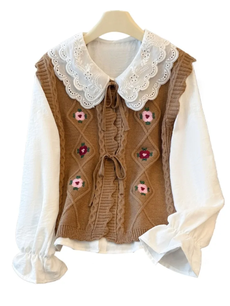 Colete longo de malha Sve bordado com cinto Design auto-preservador Gola feminina Conjunto de duas peças Design original Straigh...