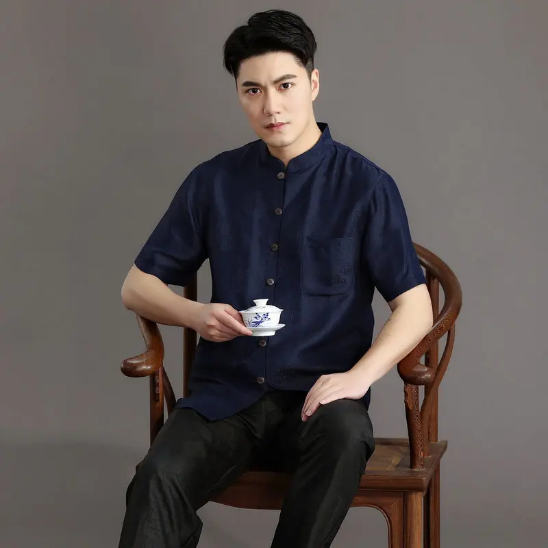 

Chinese Classical Men Basic Shirt Navy Blue Gambiered Guangdong Gauze Tops Mandarin Collar Subtle Auspicious Pattern Shirts 2024