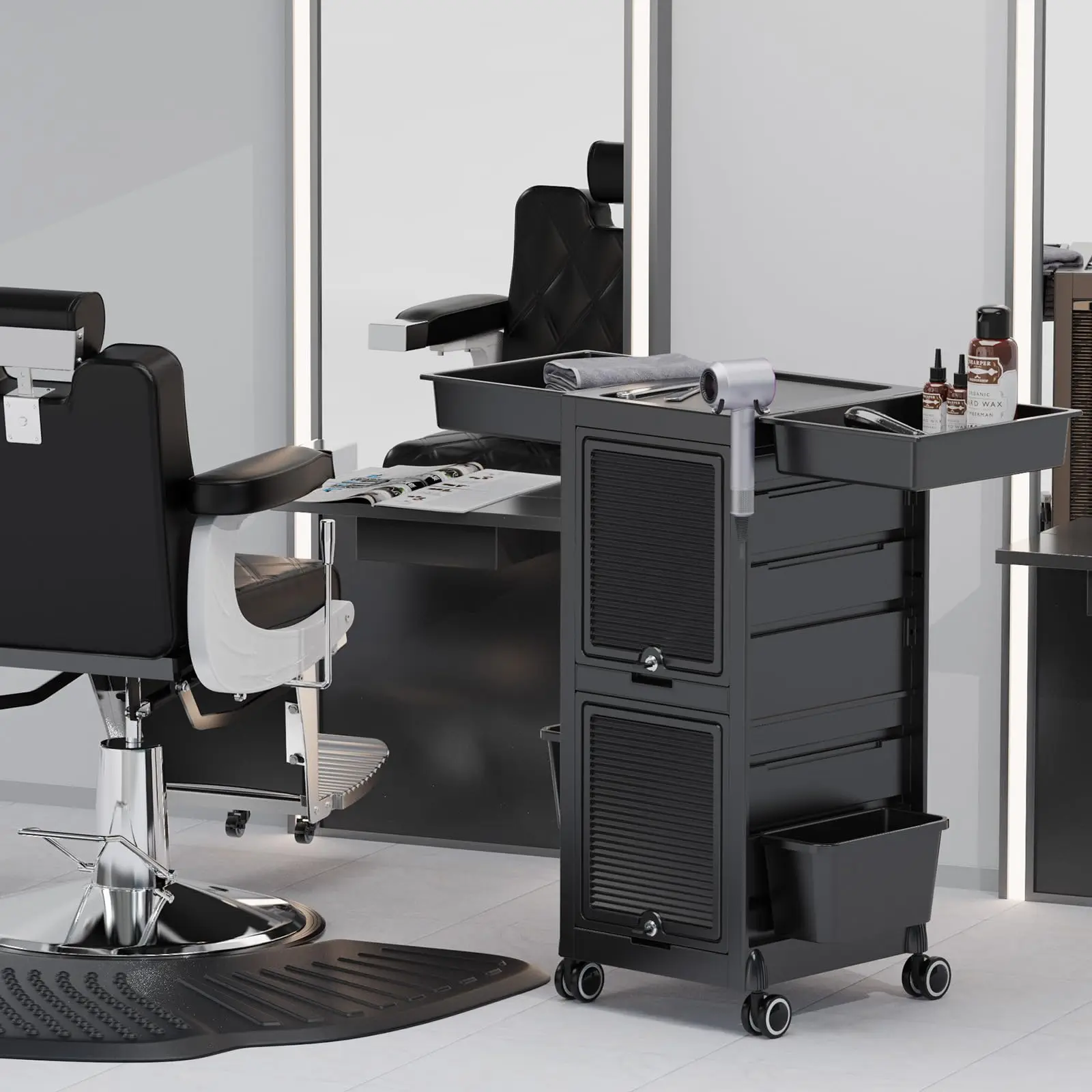 Salon Trolley Cart, Hair Stylist Station with 2 Lockable Doors, Rolling Hair Cart Organizer with Drawers & Bucket &