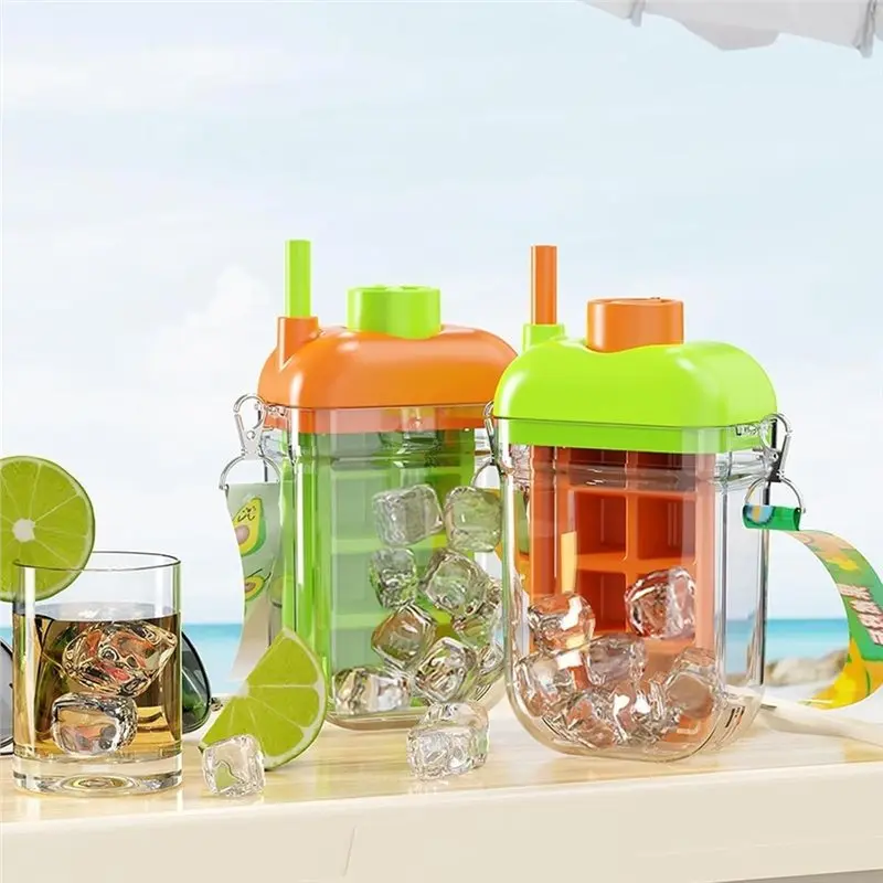Ice Water Bottle 1 Set Featuring A Rotating Ice Dispensing Function And Including A Straw, Ideal For Camping And Cycling