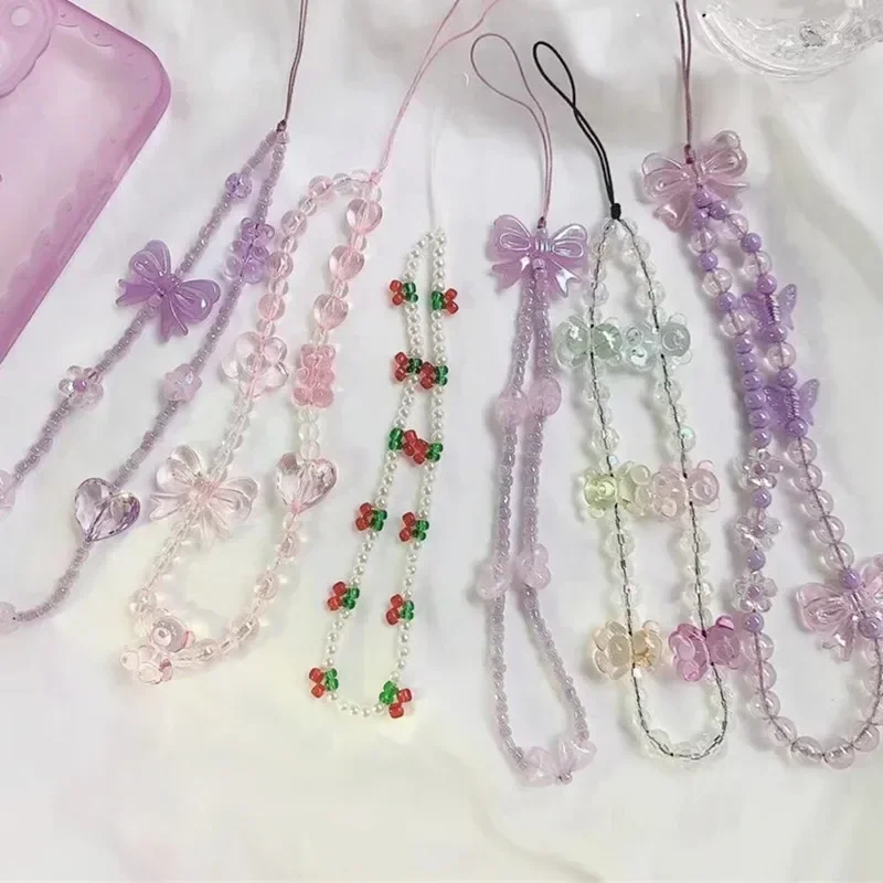 1 Piece Cute Purple Color Series Phone Lanyard for Girl Sweet Butterfly Heart Cherry Style Phone Straps Lovely Phone Accessories